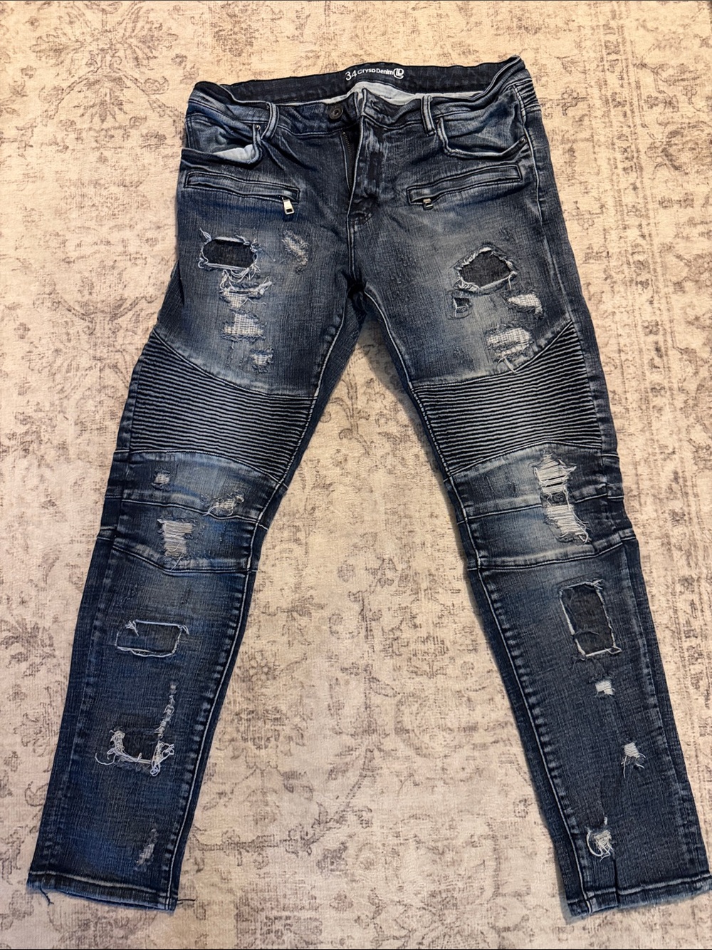 Slim Fit Distressed Dark Blue Moto Jeans - Men's Skinny